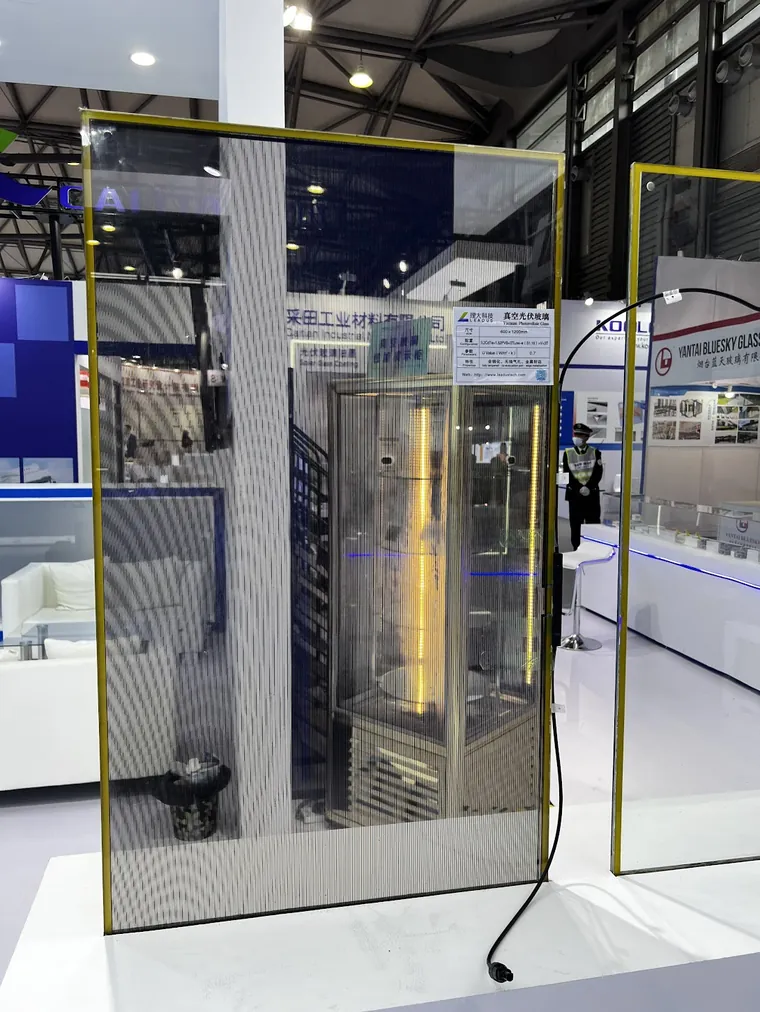 A large-format vacuum insulated glazing panel on display at a Chinese glass technology expo