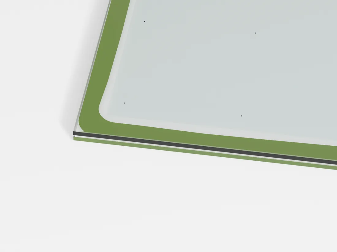 Render of the corner of a vacuum glazing unit, showing the slim double-pane edge, the sealed perimeter and the faint grid of support-pillar dots on the glass