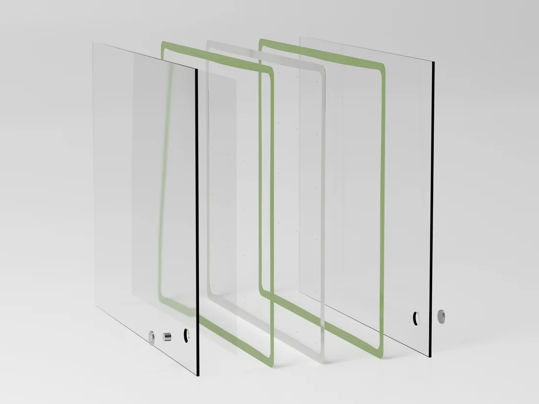 Exploded render of a vacuum glazing unit: two glass panes with the hermetic edge seal between them